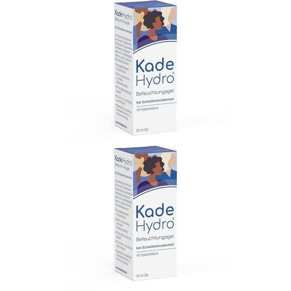 Zwei weiße Kartons mit Produktaufdruck. Aufschrift: Kade Hydro Befeuchtungsgel. Illustration einer Frau. Text in deutscher Sprache.