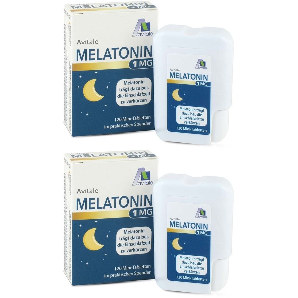 Zwei Packungen und zwei Spender von Avitale Melatonin 1 mg Mini-Tabletten. Aufschrift: Melatonin trägt zur Verkürzung der Einschlafzeit bei.