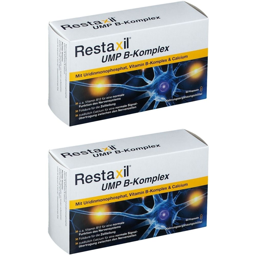 Zwei weiße Schachteln mit der Aufschrift Restaxil UMP B-Komplex. Aufschrift: Mit Uridinmonophosphat, Vitamin B-Komplex & Calcium.