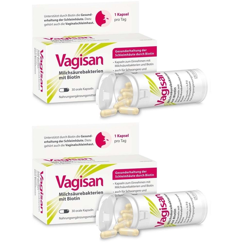 Produktverpackung und Kapseln. Aufschrift: Vagisan Milchsäurebakterien mit Biotin. 30 Kapseln. 1 Kapsel pro Tag.