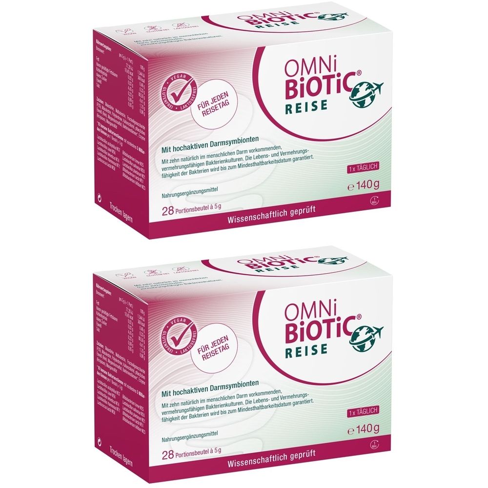 Zwei Packungen OMNi-BiOTiC® REISE. Weiße Kartons mit lila Akzenten. Aufdruck: Marke, Produktname, Logo, Text, 28 Portionen, 140g.