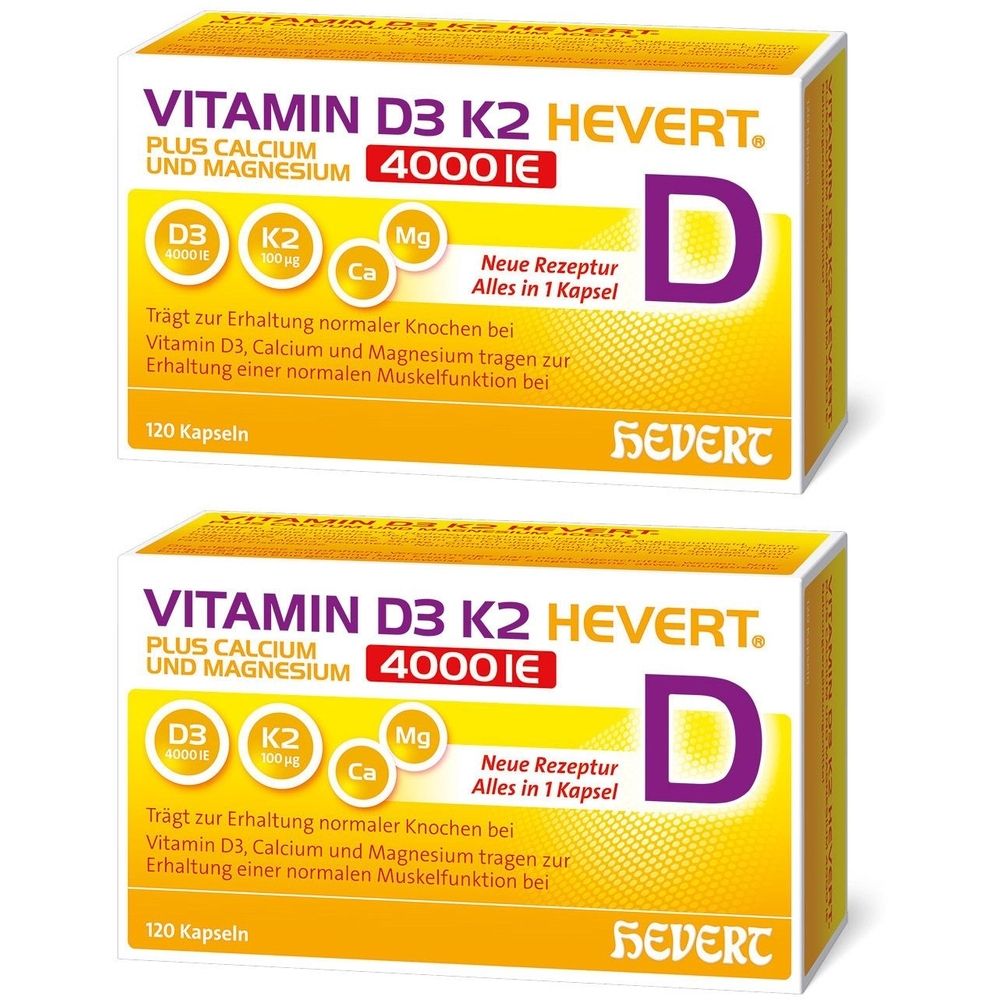 Zwei Schachteln Vitamin D3 K2 Hevert. Aufschrift: Vitamin D3 K2 Hevert, Plus Calcium und Magnesium, 4000 IE. Mit D-Symbol.