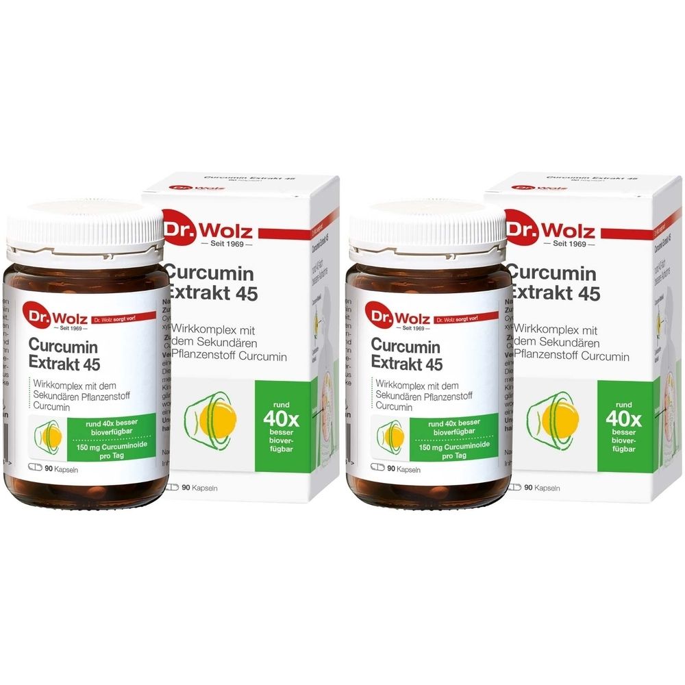 Zwei Flaschen und zwei Schachteln mit dem Produkt Curcumin Extrakt 45. Aufschrift: Dr. Wolz. Kapseln in braunen Glasflaschen.
