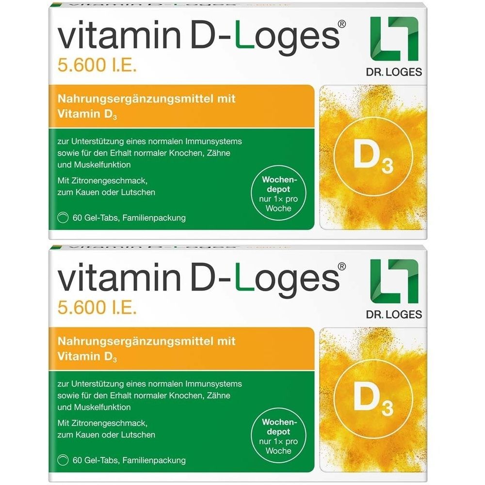 Zwei Packungen Vitamin D-Loges 5.600 I.E. Nahrungsergänzungsmittel. Grün-weißes Design mit Text und D3-Symbol. Familienpackung mit 60 Gel-Tabs.