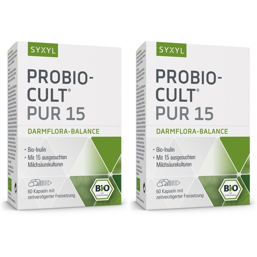Zwei Kartons SYXYL PROBIO-CULT® PUR 15. Aufdruck: Darmflora-Balance, Bio-Inulin, 15 Milchsäurekulturen, 60 Kapseln, Bio-Siegel.