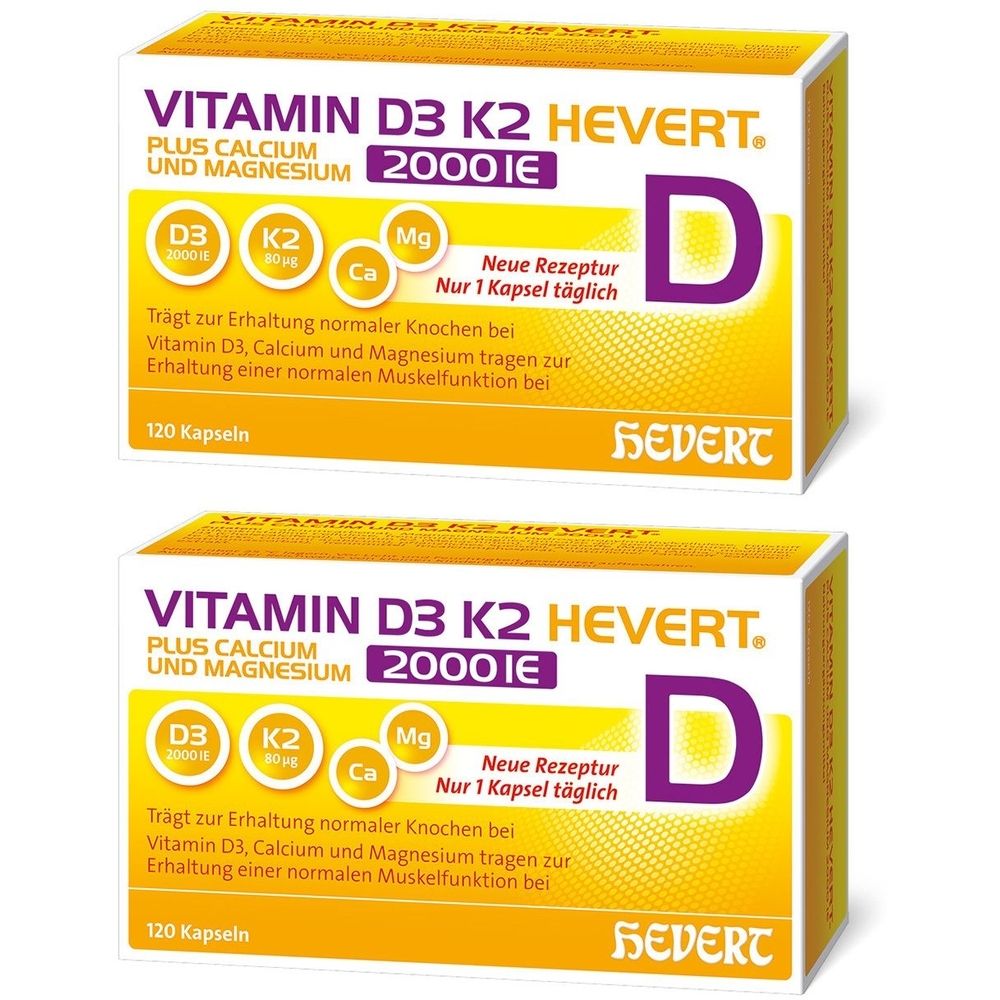 Zwei Schachteln mit Vitamin D3 K2 Hevert. Aufschrift: Vitamin D3 K2 Hevert plus Calcium und Magnesium 2000 IE. 120 Kapseln.
