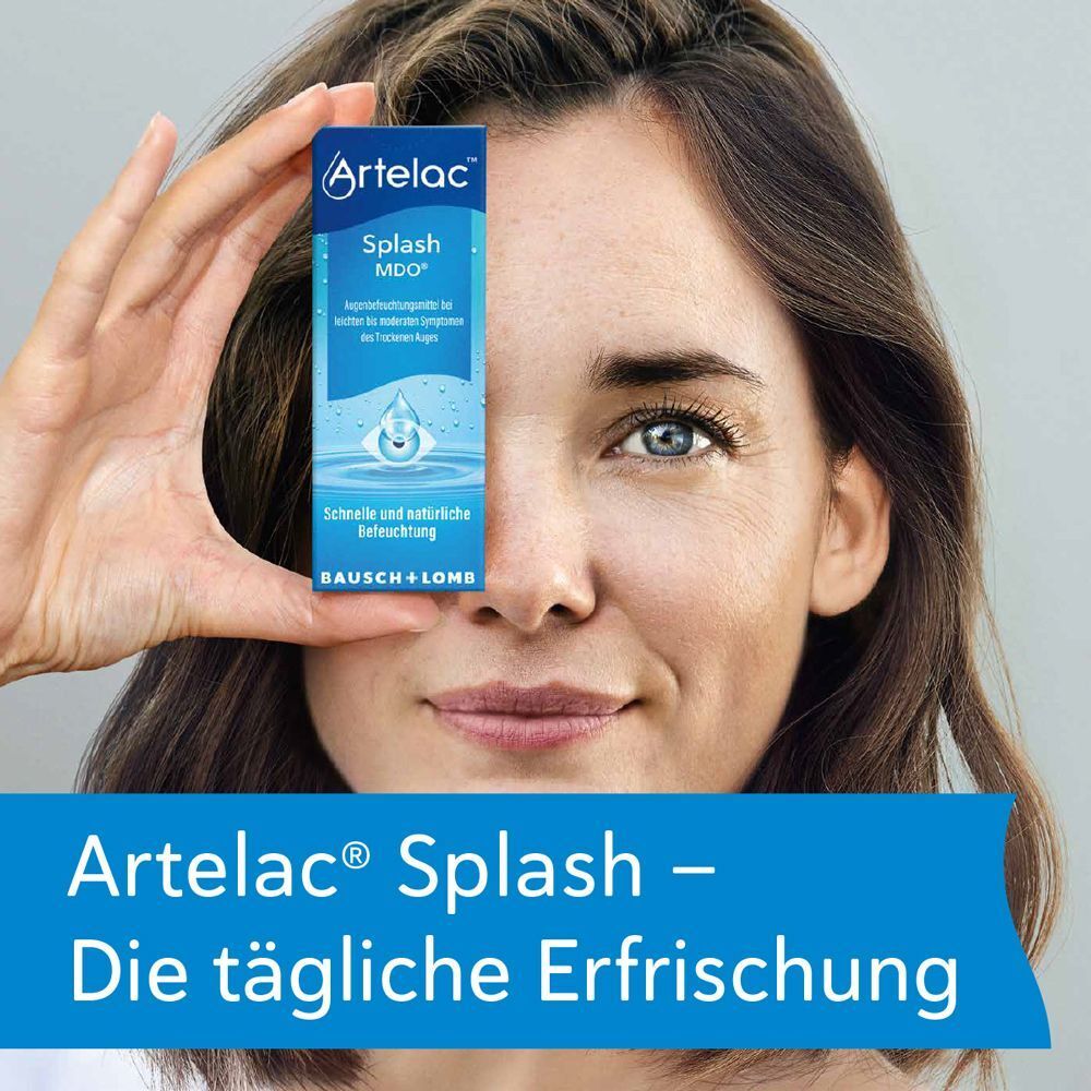 Frau hält eine Packung Artelac® Splash MDO® vor ihr Gesicht, mit Text "Artelac® Splash – Die tägliche Erfrischung".