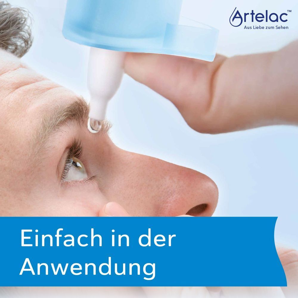 Nahaufnahme eines Auges, auf das eine Artelac® Splash MDO® Tropfflasche angewendet wird.