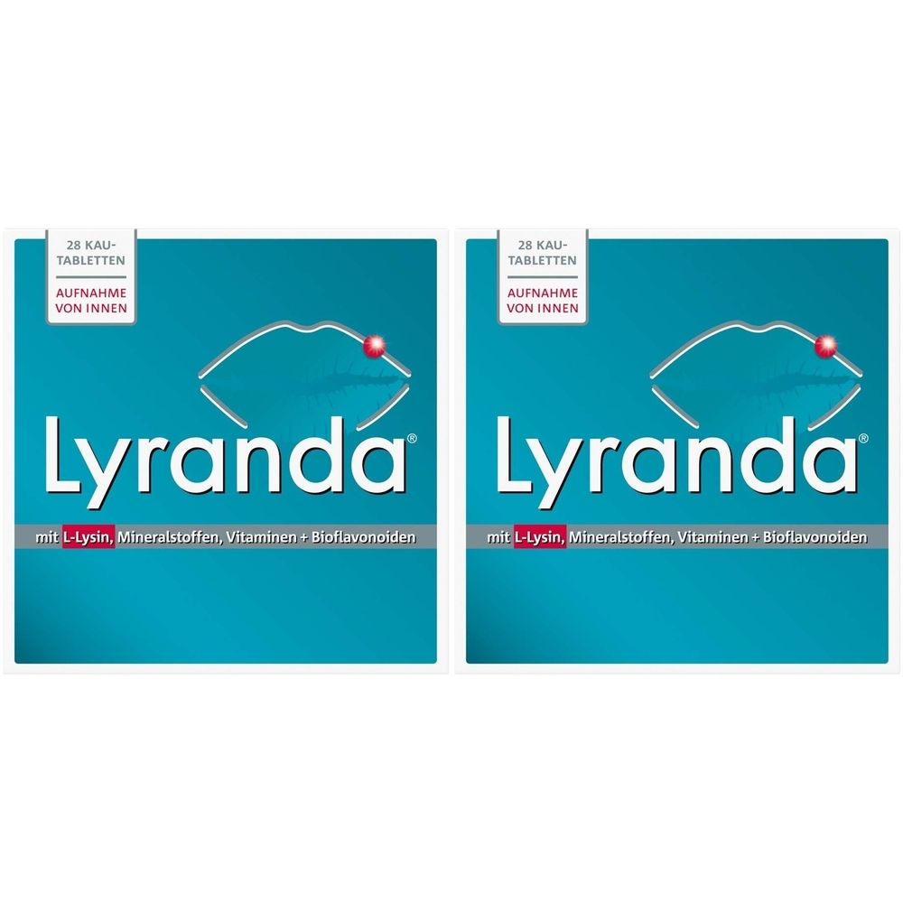 Zwei quadratische Packungen Lyranda Kautabletten. Türkisblau mit weißer Schrift. Enthält L-Lysin, Mineralstoffe, Vitamine und Bioflavonoide.