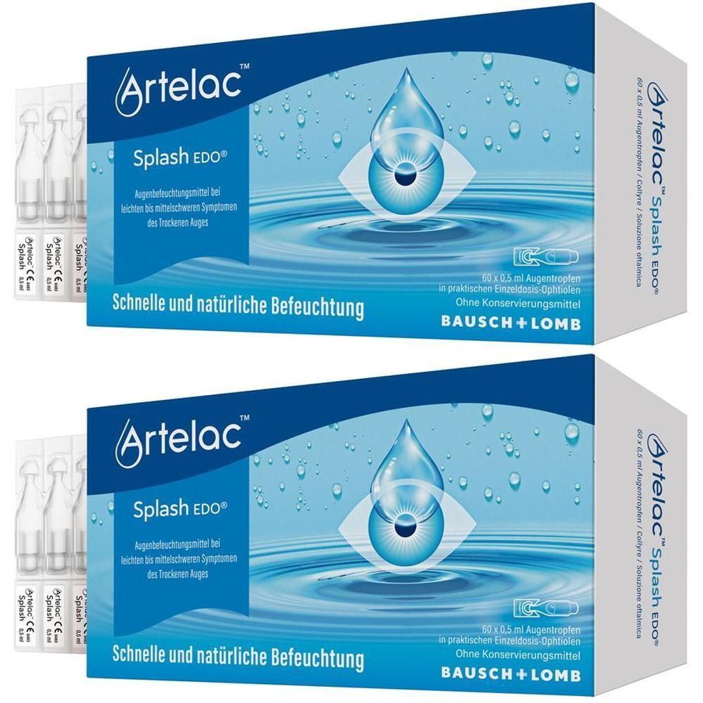 Zwei Packungen Artelac® Splash EDO® Augentropfen mit je 20 Einzeldosispipetten.