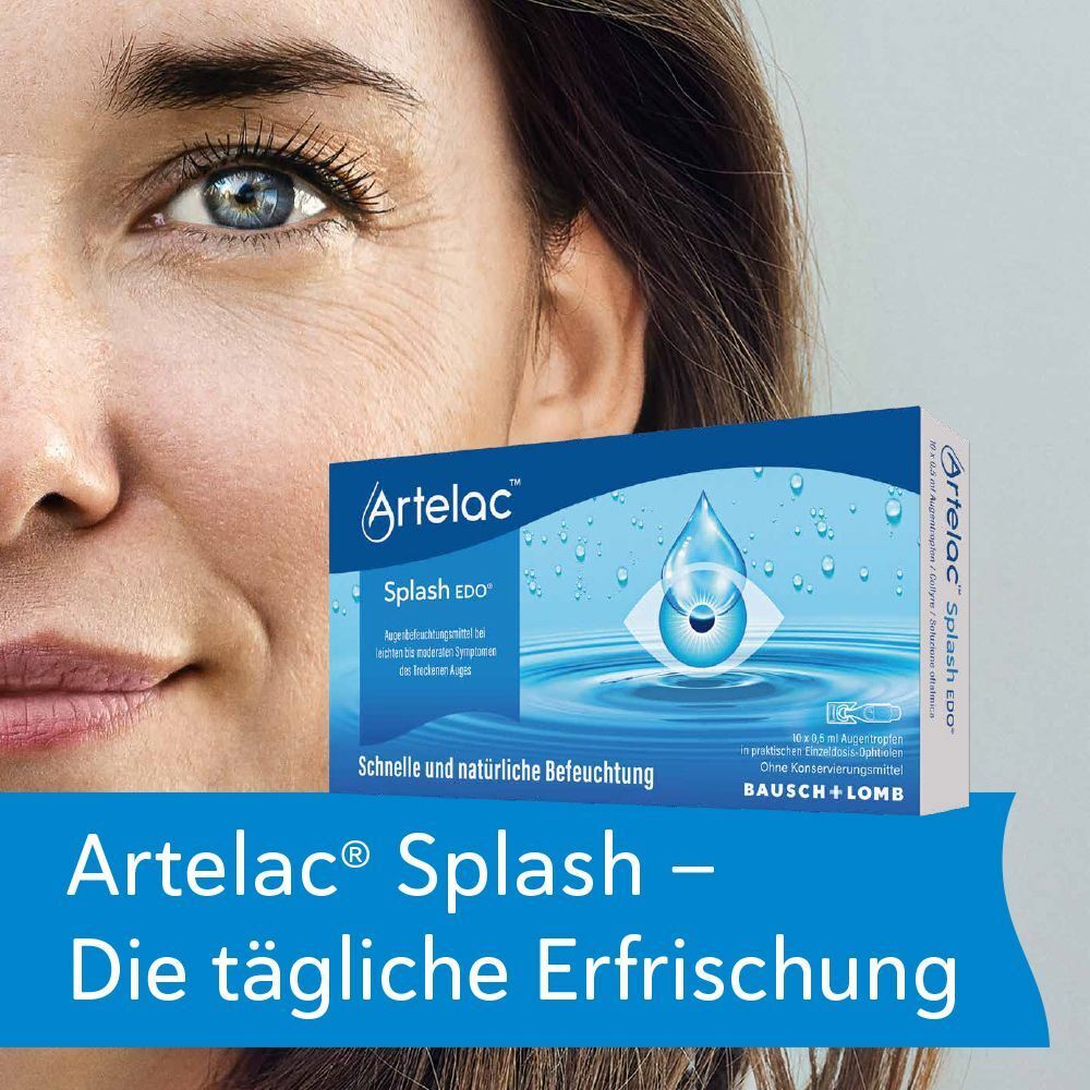 Frau mit Artelac® Splash EDO® Augentropfen-Packung, die tägliche Erfrischung verspricht.