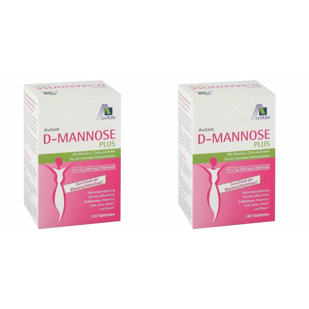 Zwei weiße Kartons mit Aufschrift Avitale D-Mannose Plus. Rosa-grünes Design mit Text und Logo. 120 Tabletten.