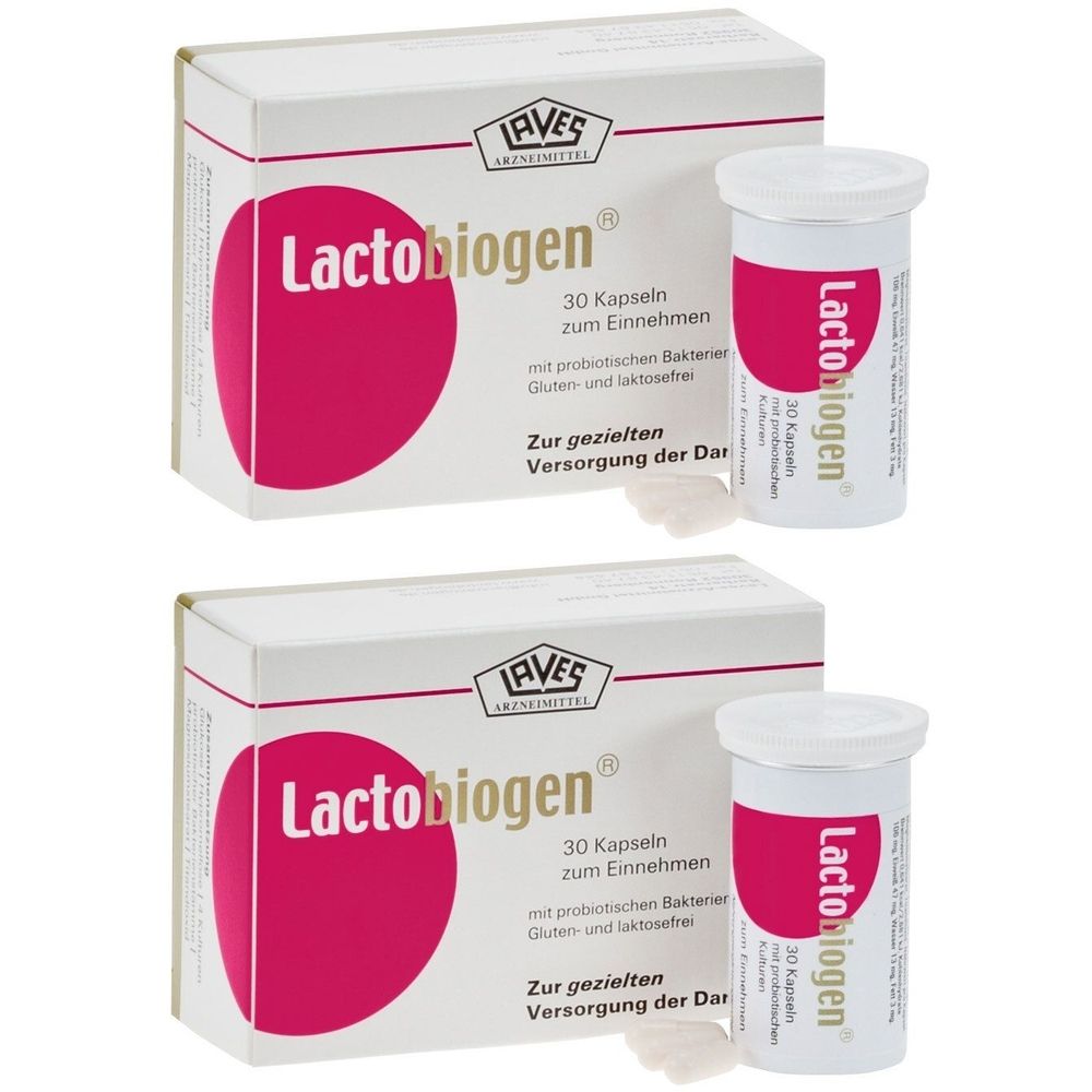 Zwei Packungen und zwei Tuben Lactobiogen® Kapseln. Aufschrift: 30 Kapseln, mit probiotischen Bakterien, gluten- und laktosefrei.