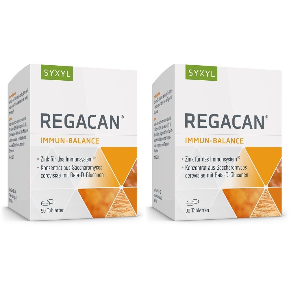 Zwei weiße Kartons mit SYXYL REGACAN®. Aufschrift: IMMUN-BALANCE, 90 Tabletten. Enthält Zink und Hefeextrakt.