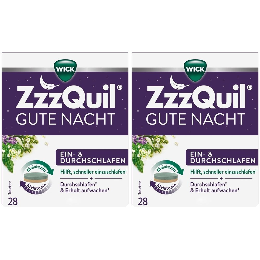 Zwei Packungen WICK ZzzQuil Gute Nacht. Jede Packung enthält 28 Tabletten. Aufschrift: Hilft, schneller einzuschlafen, Durchschlafen & Erholt aufwachen.