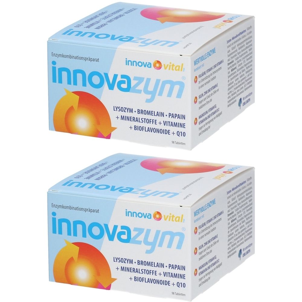 Zwei Schachteln mit der Aufschrift "innovazym". Blaue und weiße Verpackung mit Produktinformationen und Logo.