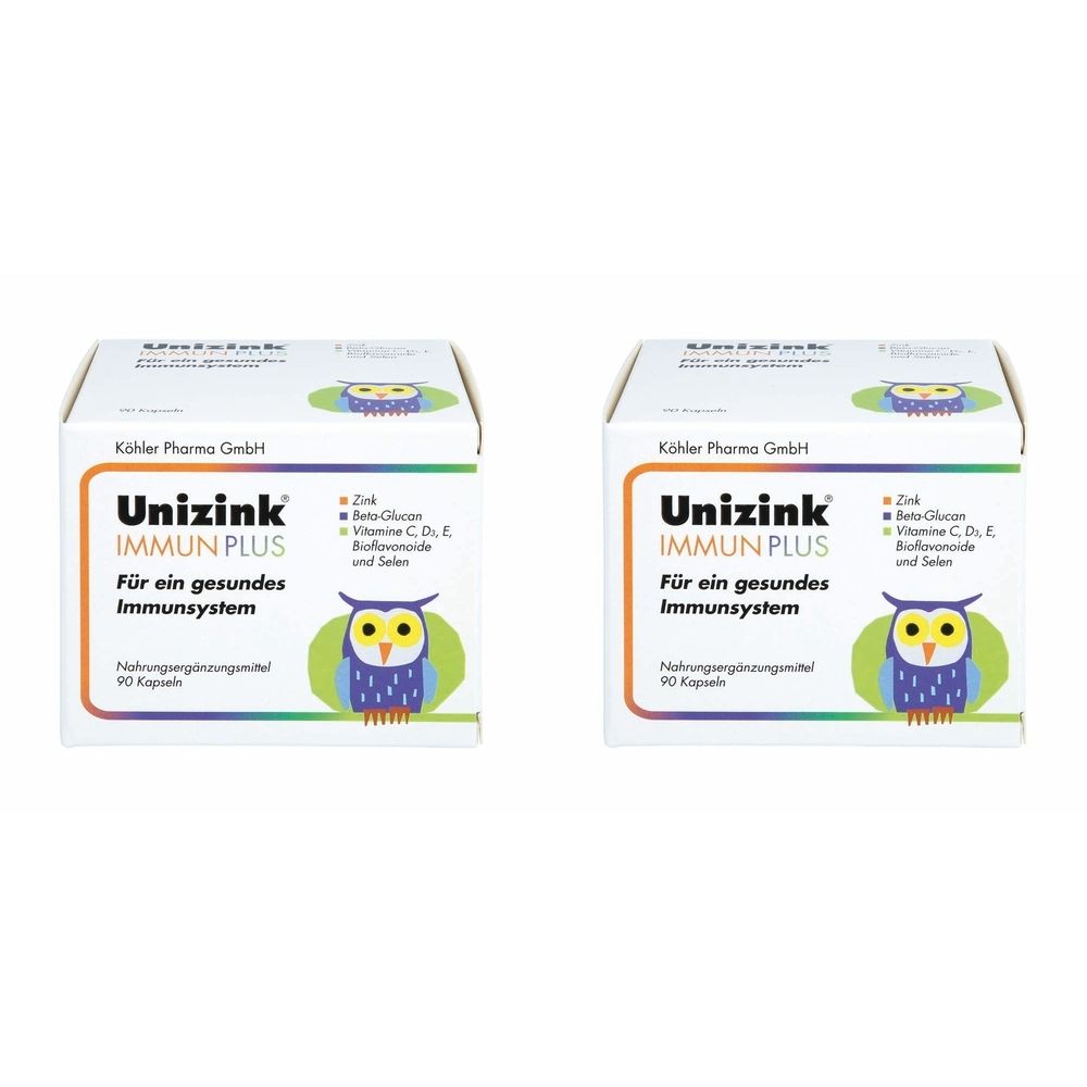 Zwei Schachteln Unizink IMMUN PLUS. Aufschrift: Für ein gesundes Immunsystem. Enthält Zink, Beta-Glucan, Vitamine C, D, E, und Selen.