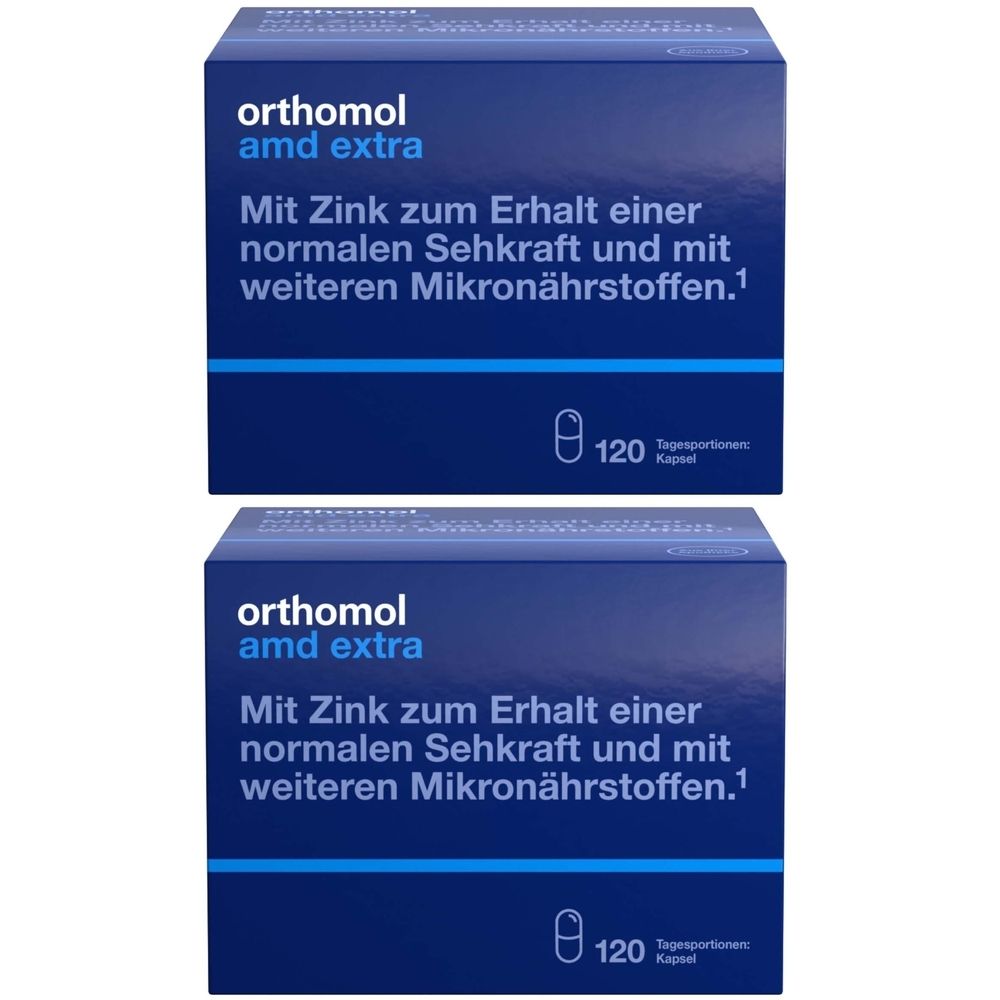Zwei blaue Kartons mit weißer Schrift. Aufschrift: Orthomol amd extra. Mit Zink für normale Sehkraft. 120 Kapseln.