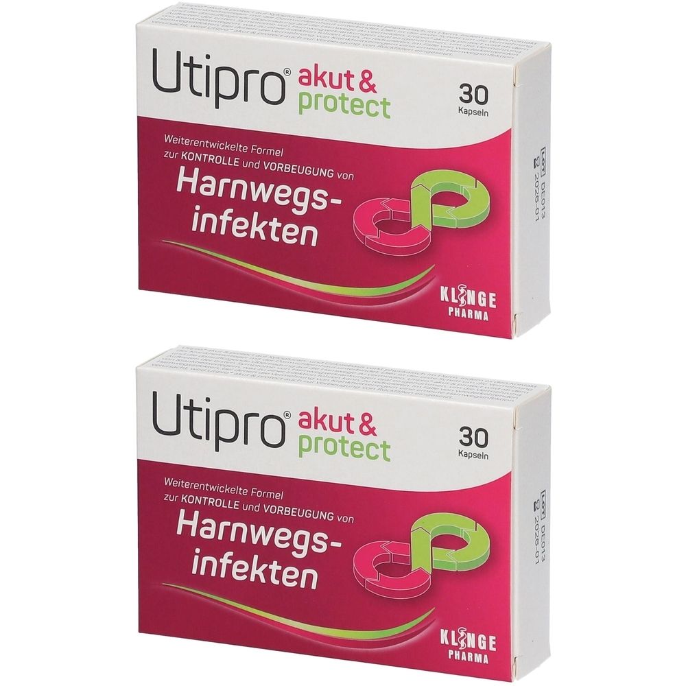 Zwei Schachteln mit der Aufschrift "Utipro akut & protect". Aufschrift "Harnwegsinfekten". Jede Schachtel enthält 30 Kapseln. Marke: Klinge Pharma.