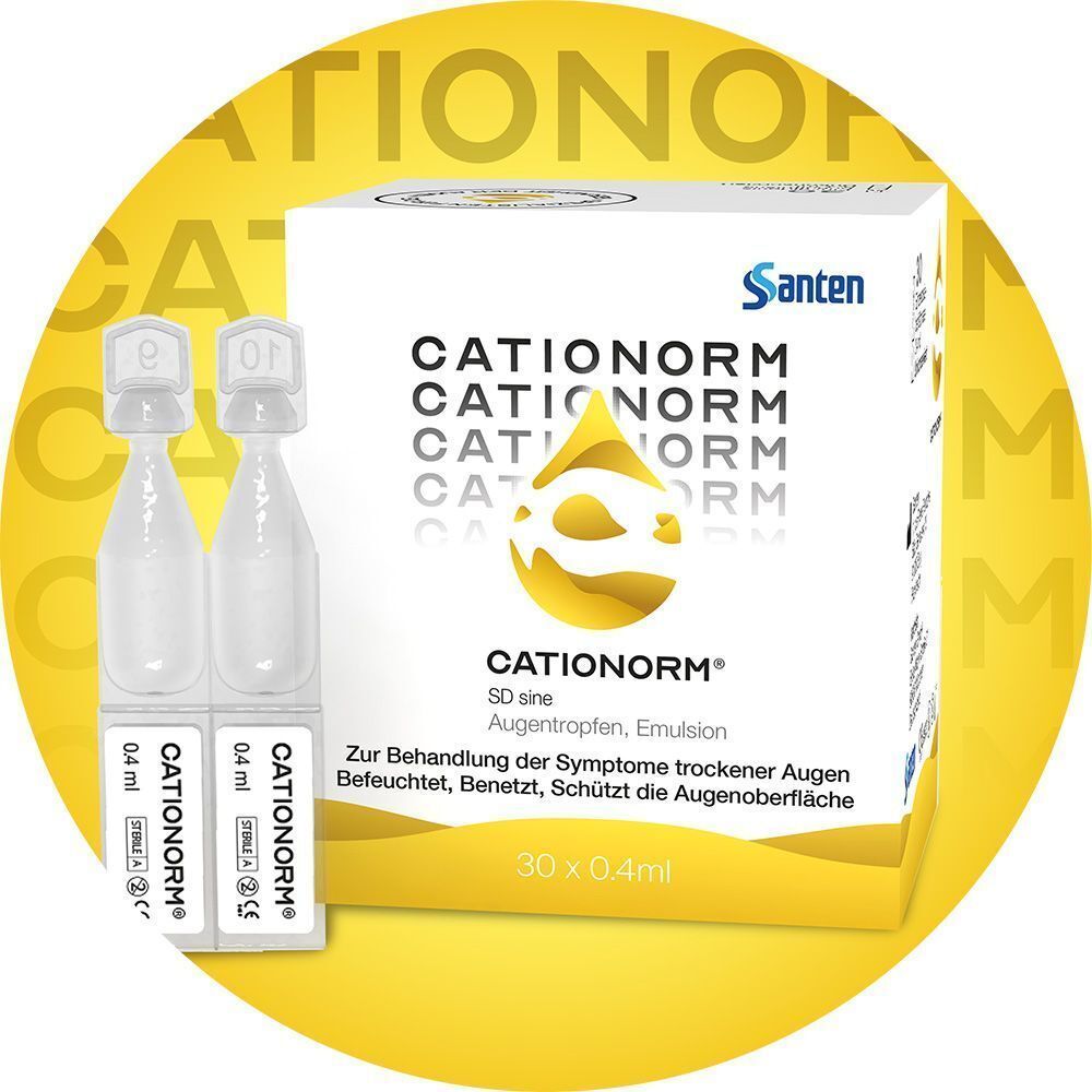 Cationorm® SD sine Augentropfen-Packung mit zwei einzelnen Einzeldosis-Pipetten.