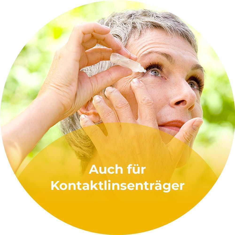 Eine Frau wendet Cationorm® SD sine Augentropfen an, auch für Kontaktlinsenträger.