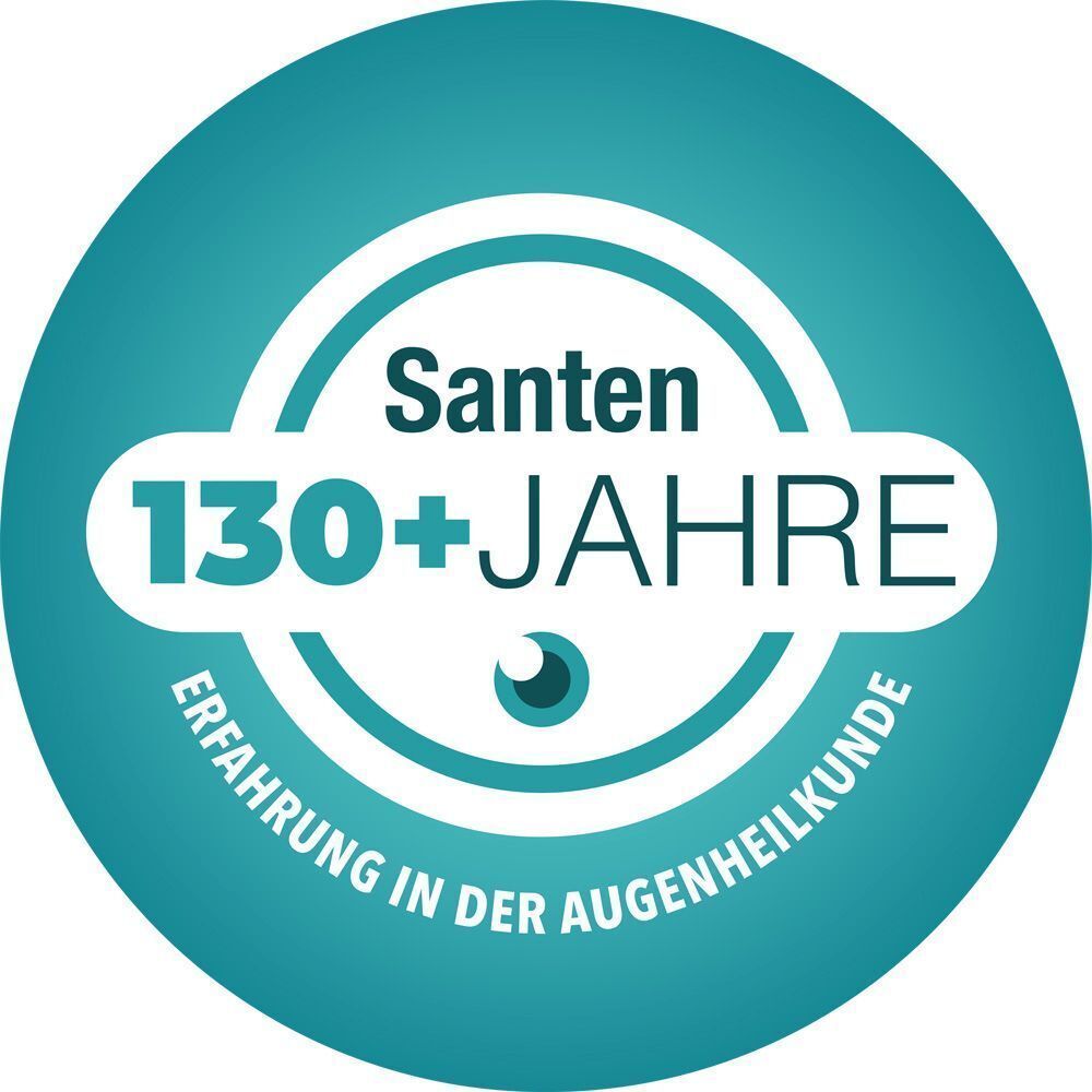 Santen Logo mit '130+ Jahre Erfahrung in der Augenheilkunde'.