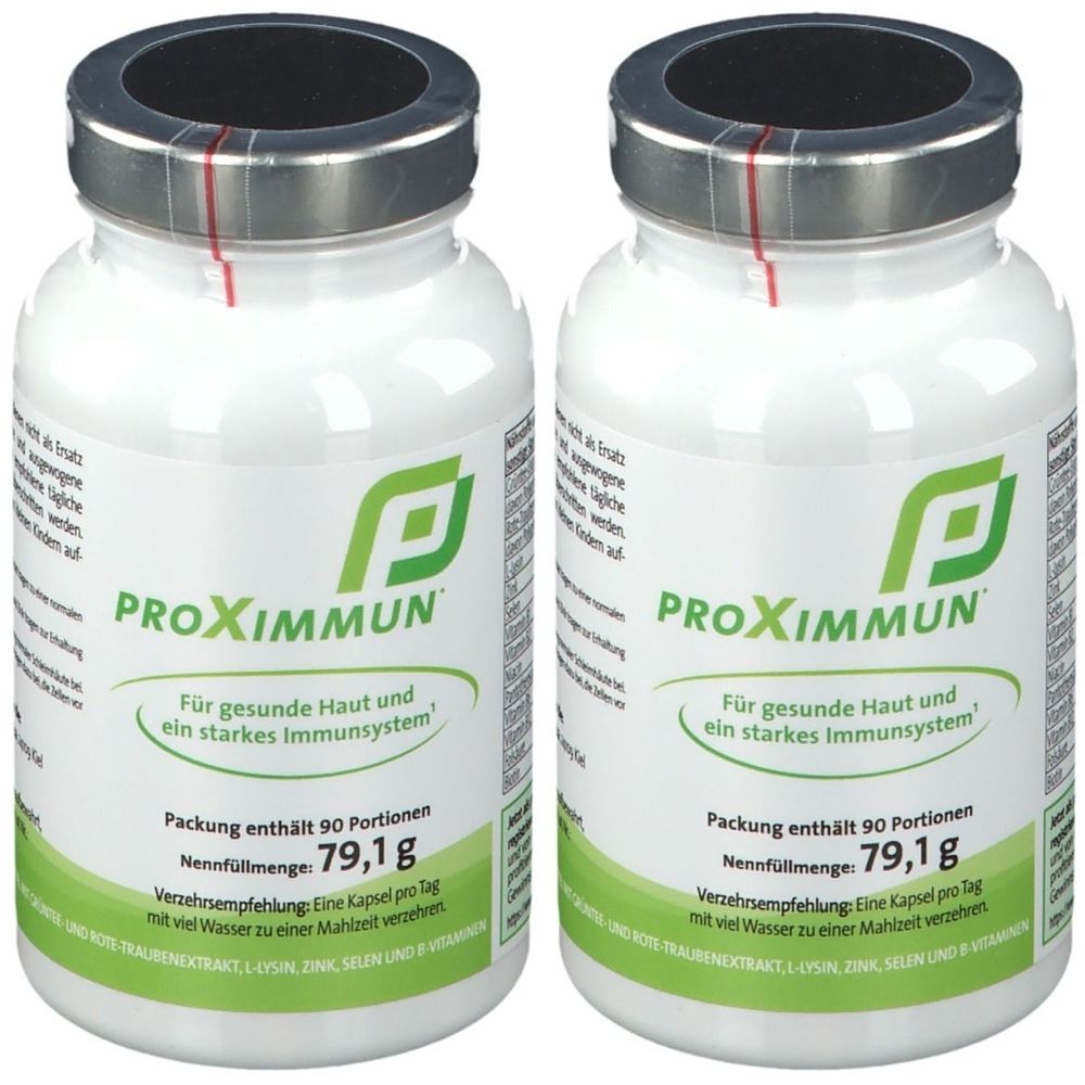 Zwei weiße Flaschen mit silbernen Deckeln. Aufschrift: PROXIMMUN, für gesunde Haut und ein starkes Immunsystem. Packung enthält 90 Portionen.