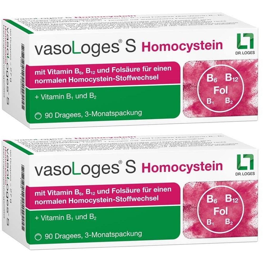 Zwei Packungen vasoLoges S Homocystein. Weiße Schachteln mit grünen und pinkfarbenen Akzenten. Aufschrift: 90 Dragees, 3-Monatspackung.