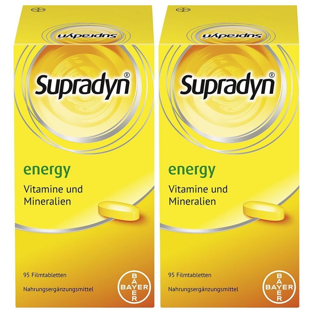 Zwei gelbe Schachteln mit dem Produktnamen "Supradyn energy". Aufschrift: Vitamine und Mineralien. Eine Tablette ist abgebildet. Bayer-Logo.