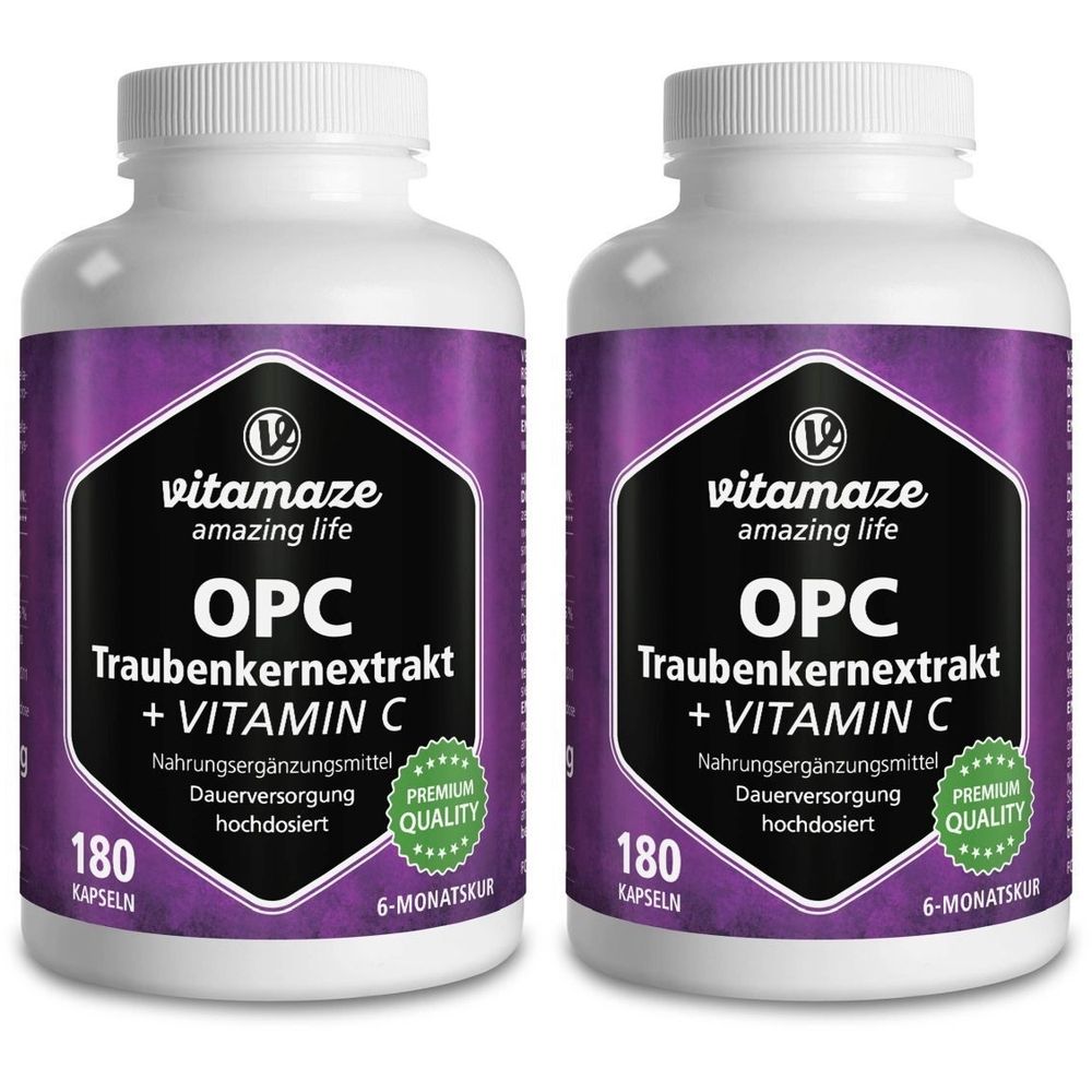 Zwei weiße Flaschen mit lila Etiketten. Aufschrift: OPC Traubenkernextrakt + Vitamin C. 180 Kapseln. Premium Quality Siegel.