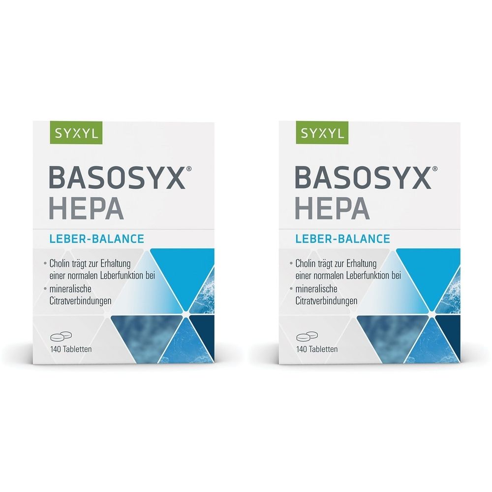 Zwei weiße Schachteln mit SYXYL BASOSYX® HEPA. Text: Leber-Balance, Cholin, 140 Tabletten. Grün-blaue Grafik.