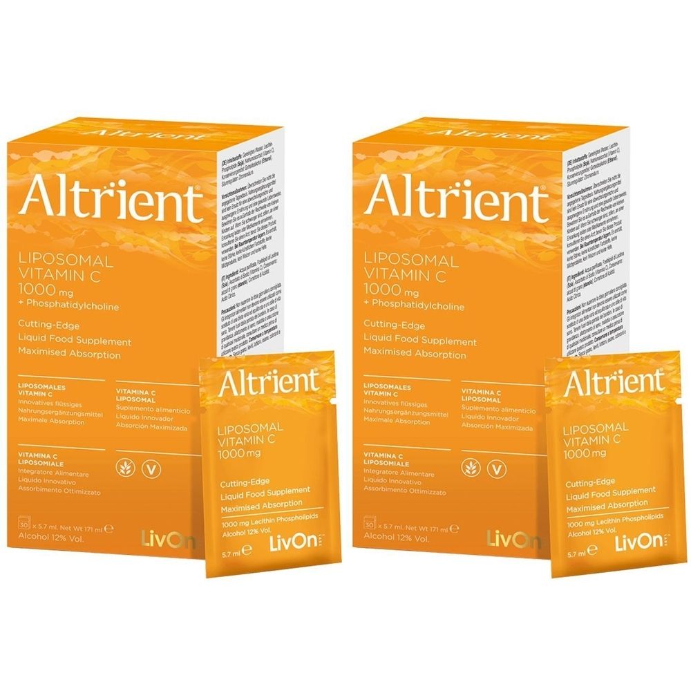 Zwei Schachteln und drei Beutel mit der Aufschrift "Altrient LIPOSOMAL VITAMIN C 1000 mg". Orangefarbene Verpackung.