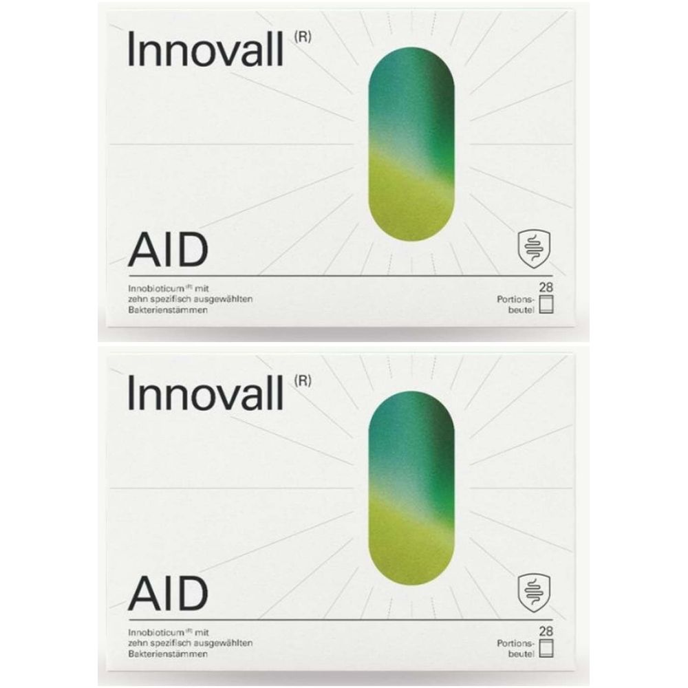 Zwei Packungen mit dem Produktnamen Innovall® AID. Jede Packung hat ein grünes Design und enthält 28 Portionen.