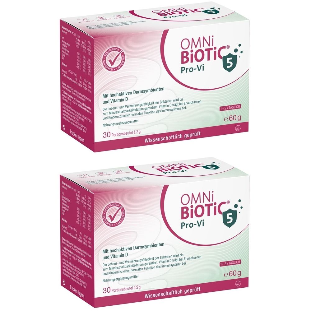 Zwei Packungen OMNi-BiOTiC® Pro-Vi 5. Weiße Schachteln mit pinkfarbenen Akzenten. Aufdrucke: Marke, Produktname, 30 Portionen, 60g, Vitamin D.