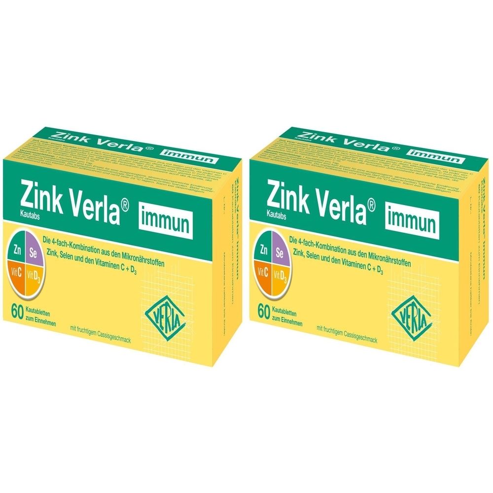 Zwei gelbe Schachteln mit der Aufschrift "Zink Verla immun". Auf der Verpackung sind die Inhaltsstoffe und die Anzahl der Tabletten angegeben.