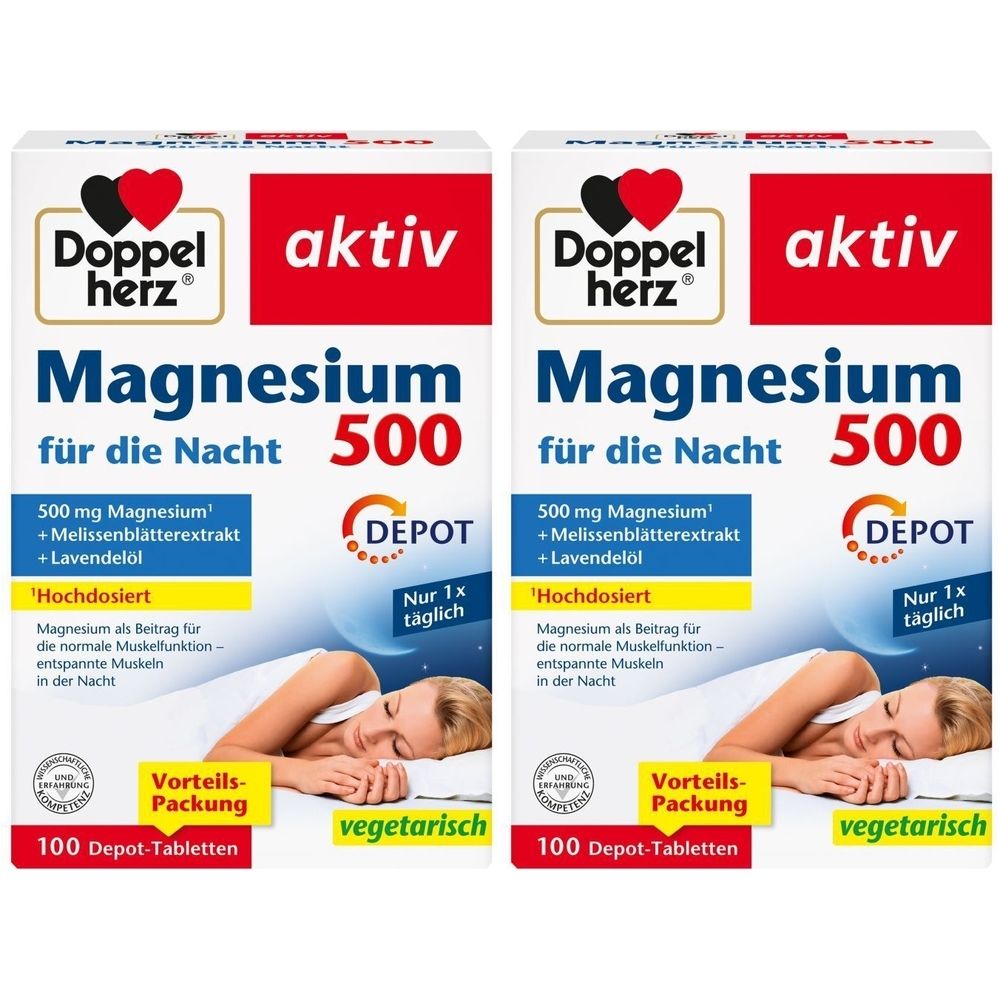Zwei Packungen Doppelherz Magnesium 500 für die Nacht. Aufschrift: 500 mg Magnesium, Melissenblätterextrakt, Lavendelöl. Vorteilspackung.
