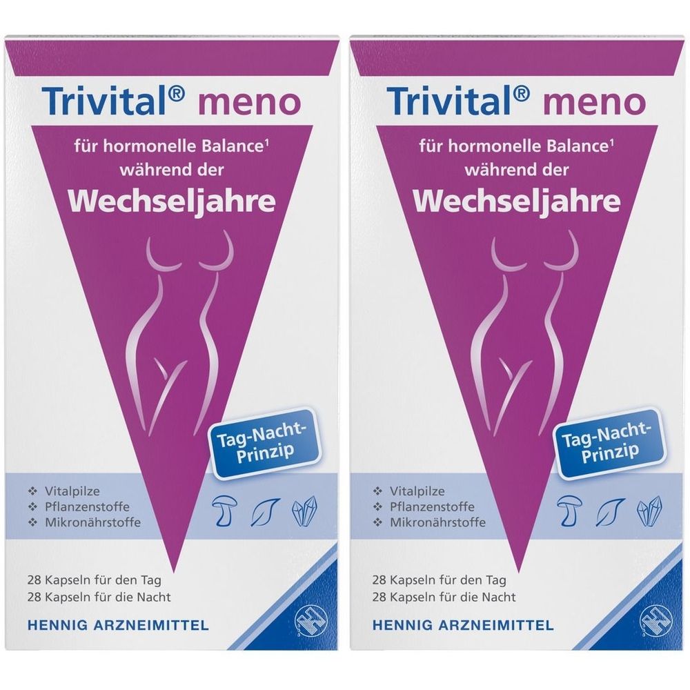 Zwei Packungen Trivital® meno. Aufdruck: hormonelle Balance während der Wechseljahre. Tag-Nacht-Prinzip. 28 Kapseln.