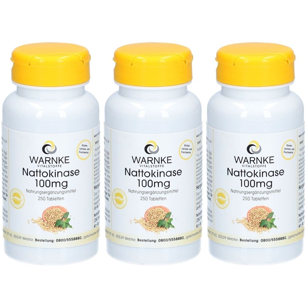Drei weiße Flaschen mit gelben Deckeln. Auf jeder Flasche steht "WARNKE Nattokinase 100mg".