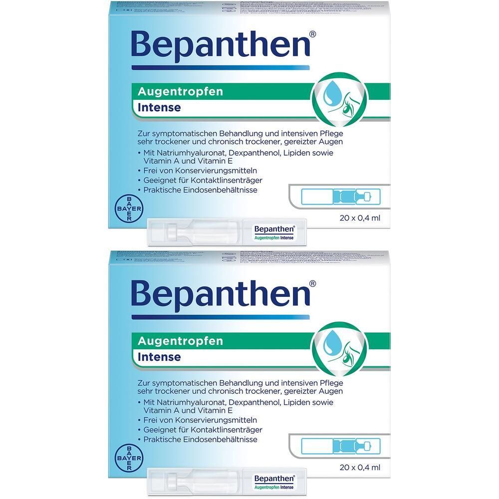 Zwei Packungen Bepanthen Augentropfen Intense mit je 20 Einzeldosisbehältern.