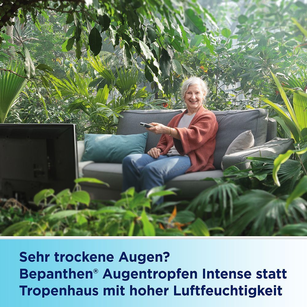 Frau sitzt im Grünen und schaut Fernsehen, mit Text über trockene Augen.