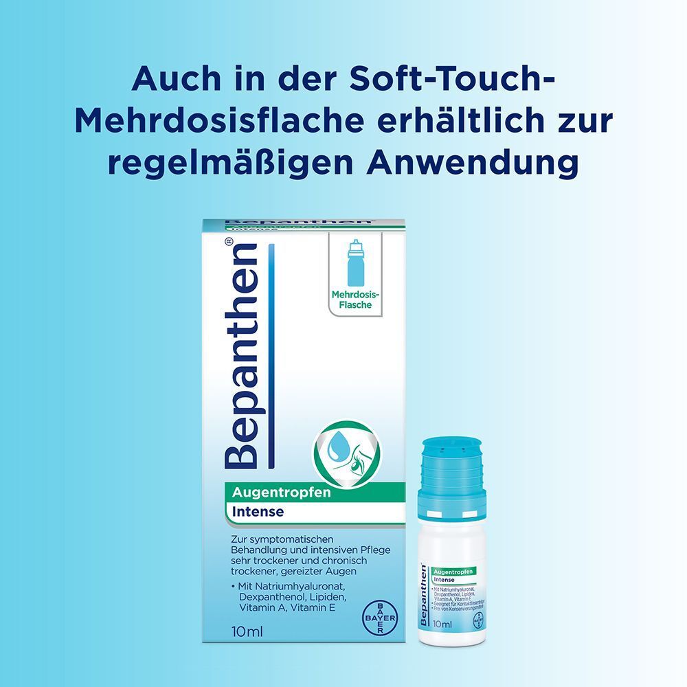 Packung und Flasche Bepanthen Augentropfen Intense (Mehrdosisflasche).