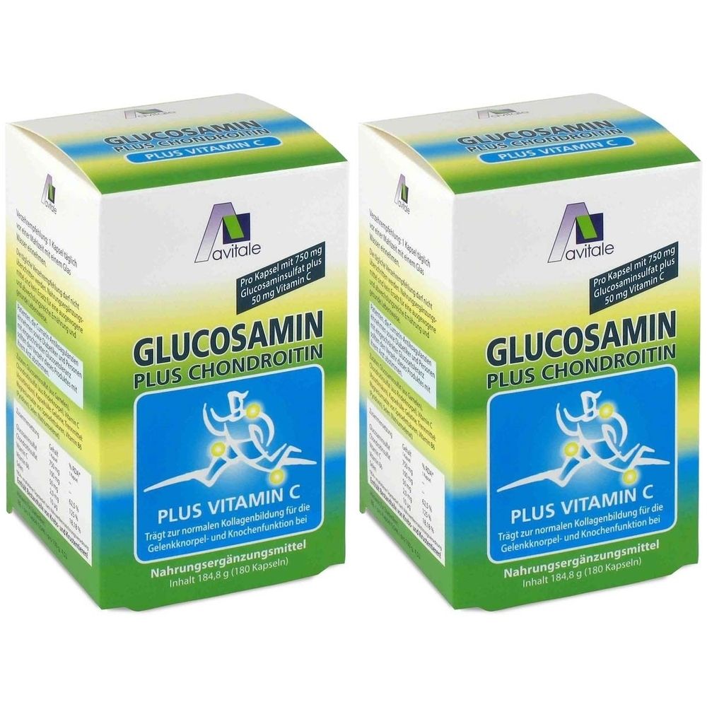 Zwei Kartons Avitale Glucosamin. Aufschrift: Glucosamin Plus Chondroitin, Plus Vitamin C. Enthält 184,8 g (180 Kapseln).