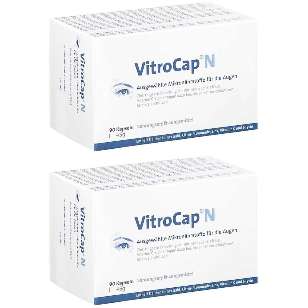 Zwei weiße Kartons mit der Aufschrift VitroCap N. Aufdruck: 90 Kapseln, Nahrungsergänzungsmittel. Enthält Traubenkernextrakt, Citrus Flavonoide, Zink.