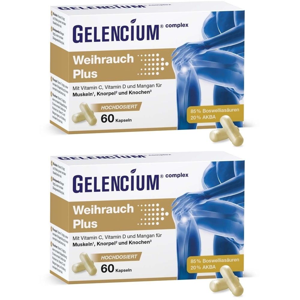 Zwei Packungen mit Kapseln. Aufschrift: GELENCIUM® Weihrauch Plus, 60 Kapseln. Abbildung eines Knies. Enthält Vitamin C, D und Mangan.