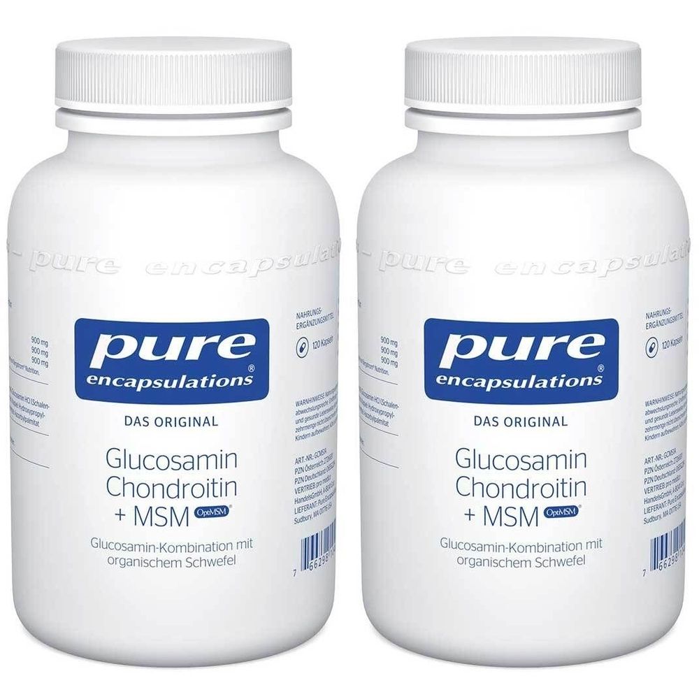 Zwei weiße Flaschen mit Schraubverschluss. Aufschrift: pure encapsulations, Glucosamin Chondroitin + MSM. Das Original.
