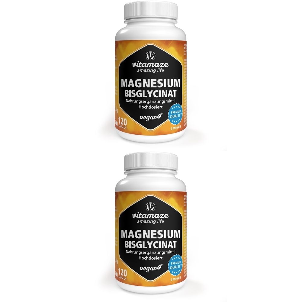 Zwei weiße Flaschen mit schwarzen Etiketten. Aufschrift: Magnesium Bisglycinat, 120 vegane Kapseln. Marke: vitamaze.