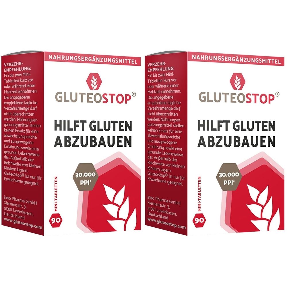 Zwei Packungen GluteoStop. Rote Verpackung mit weißer Schrift. Enthält 90 Mini-Tabletten. Hilft Gluten abzubauen.