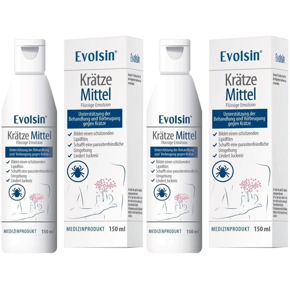Mehrere Flaschen und Kartons mit dem Produktnamen Evolsin Krätze Mittel. Aufschrift: Flüssige Emulsion, Medizinprodukt, 150 ml.