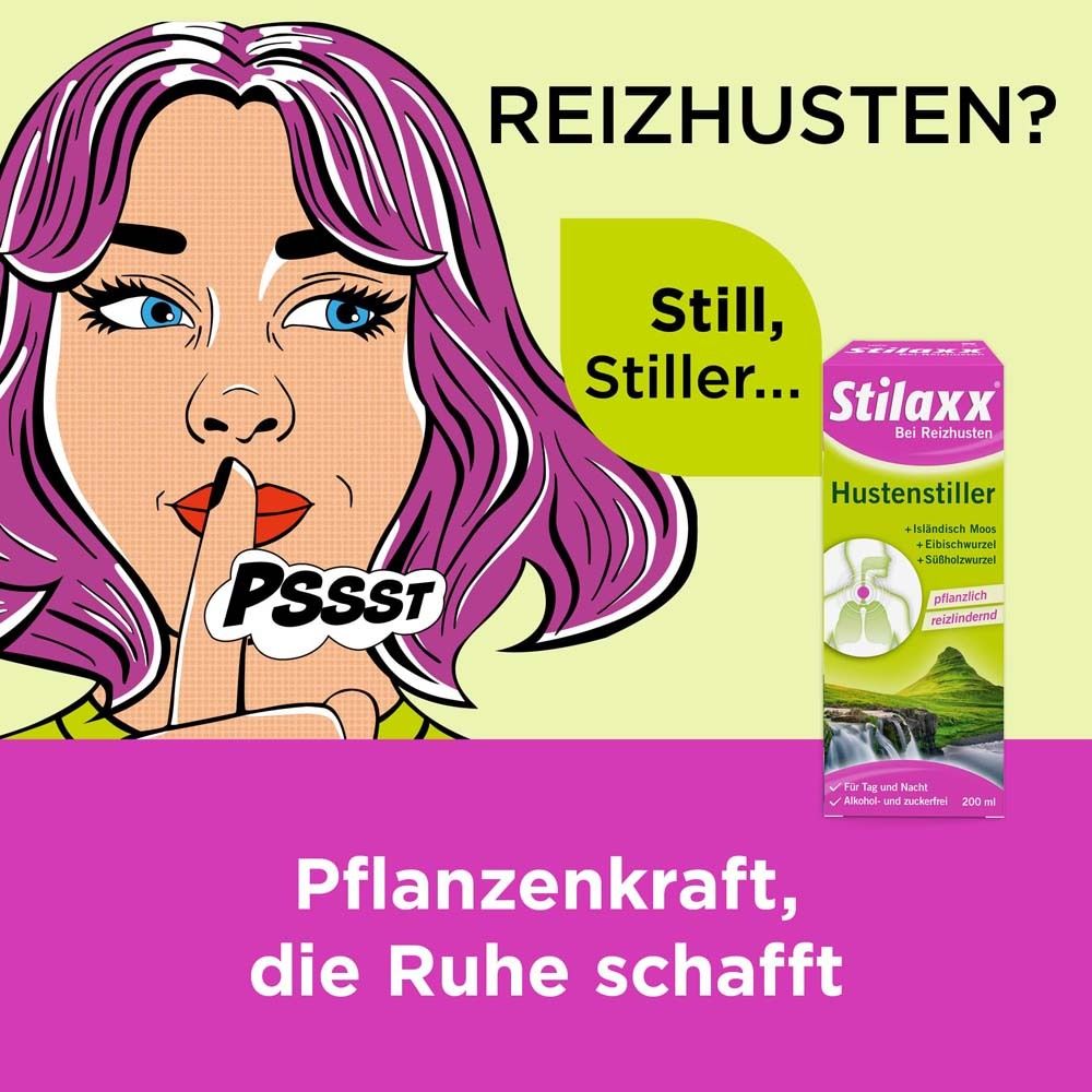 Comic-Illustration einer Frau mit Finger auf den Lippen. Produktverpackung rechts. Text: Reizhusten? Still, Stiller...