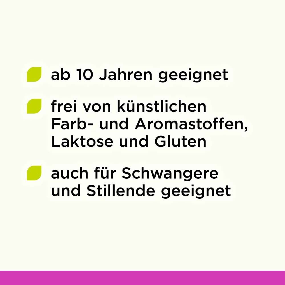 Text auf grünem Hintergrund: ab 10 Jahren geeignet, frei von künstlichen Farb- und Aromastoffen, laktose- und glutenfrei.